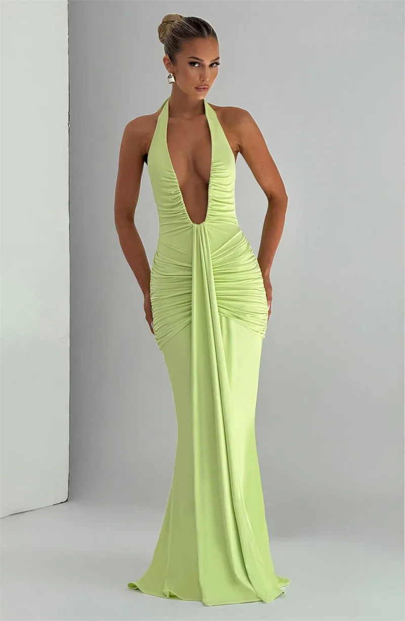 Suninbox Deep V Neck Backless Ruched Sexy Maxi Dress Women Gown Summer Halter Sleeveless Draped Club Party Long Dress 2025