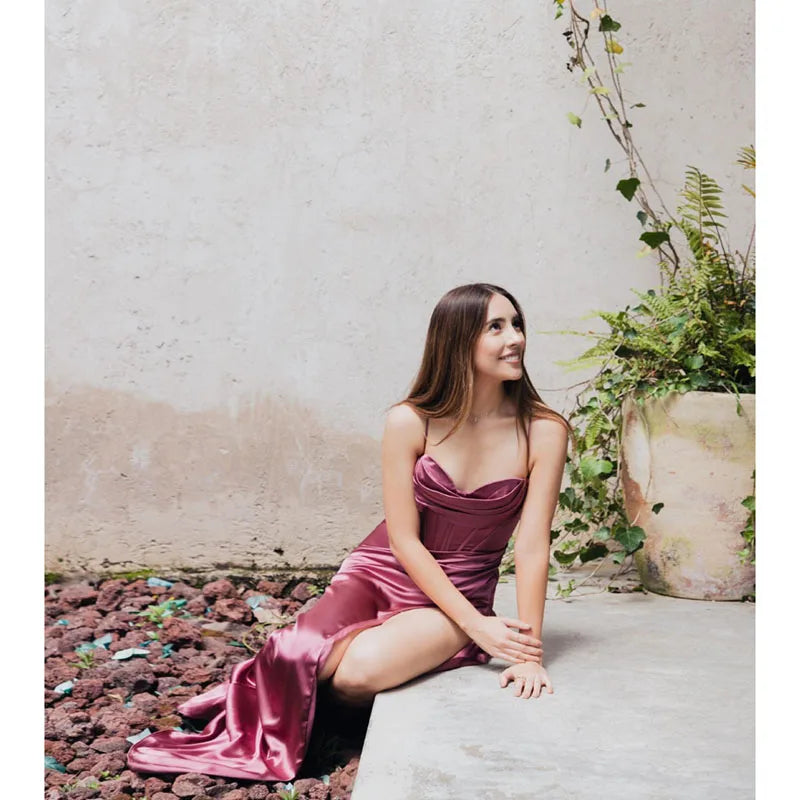 New Summer Prom Dress Women'S Sling Sleeveless Solid Color Dress One Word Neck Slim Fit Open Back Slit Red Sexy Dress