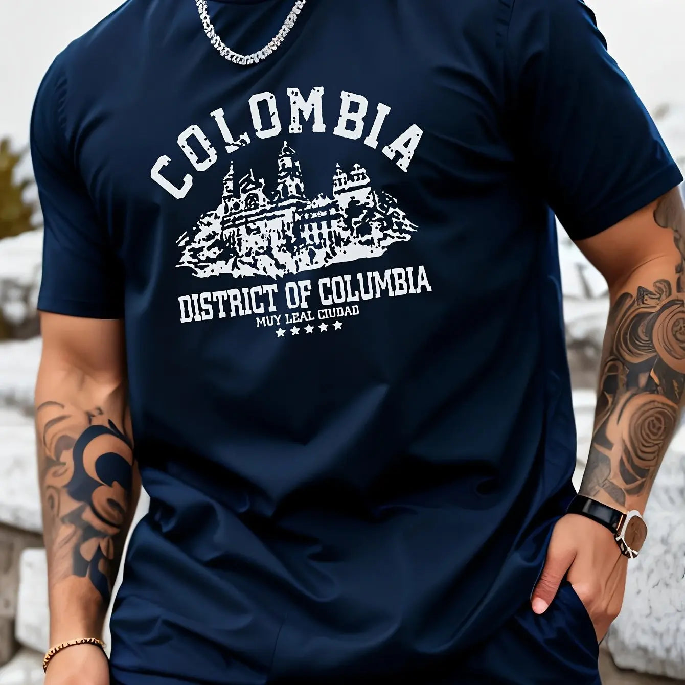 Men's summer 100% pure cotton fashionable casual loose Colombian architectural letter printed round neck short sleeved T-shirt