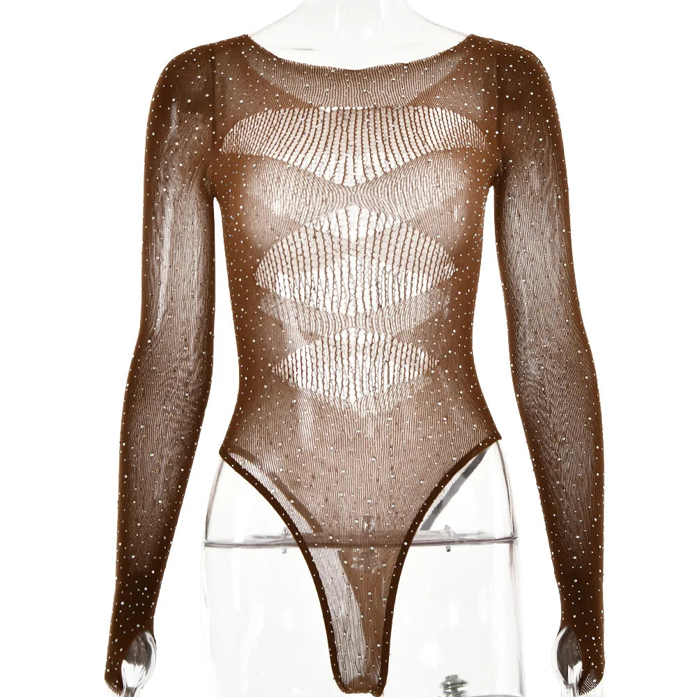 Long sleeve bodysuits sexy Summer outfit body suits women y2k clothes black bodysuit knitted rhinestone body suits seethrough