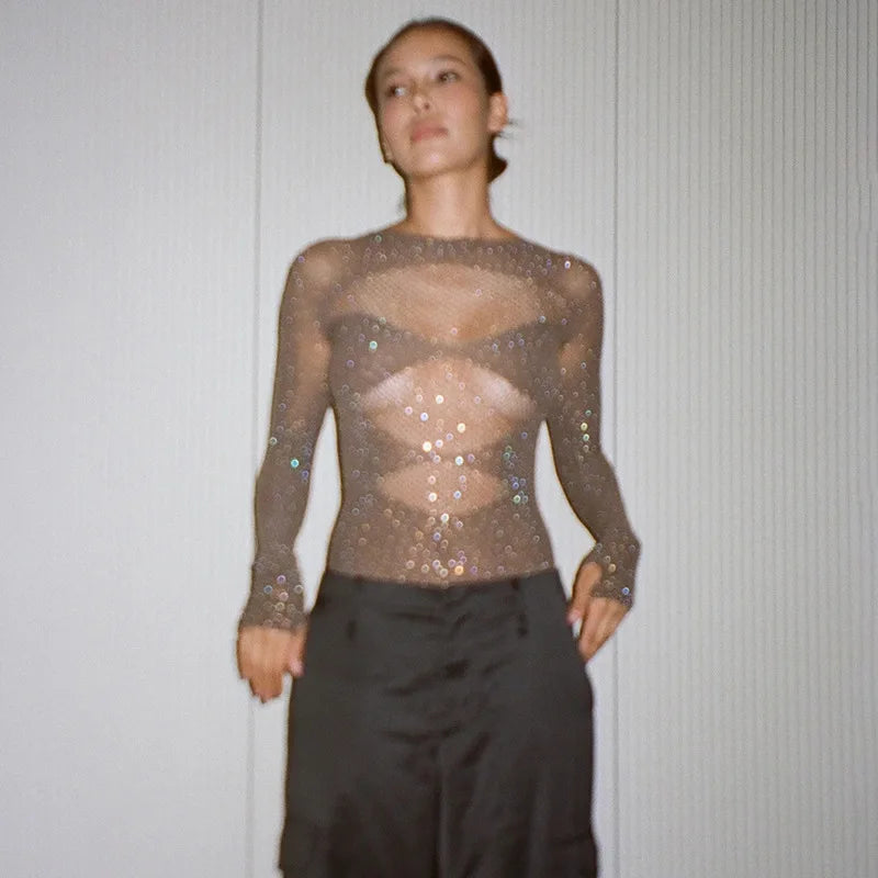 Long sleeve bodysuits sexy Summer outfit body suits women y2k clothes black bodysuit knitted rhinestone body suits seethrough