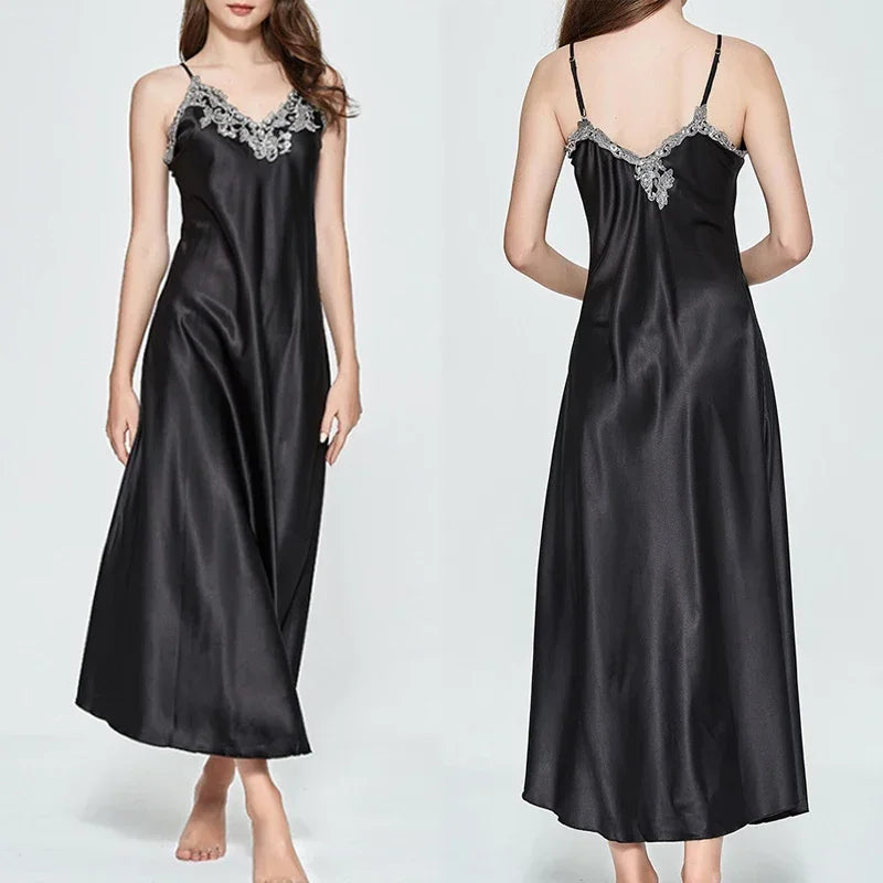 Ladies Night Long Hot Dress Womens Satin Silk Lace Sleeveless Embroidery Sexy Costumes Exotic Pajamas Favorite Life Interest