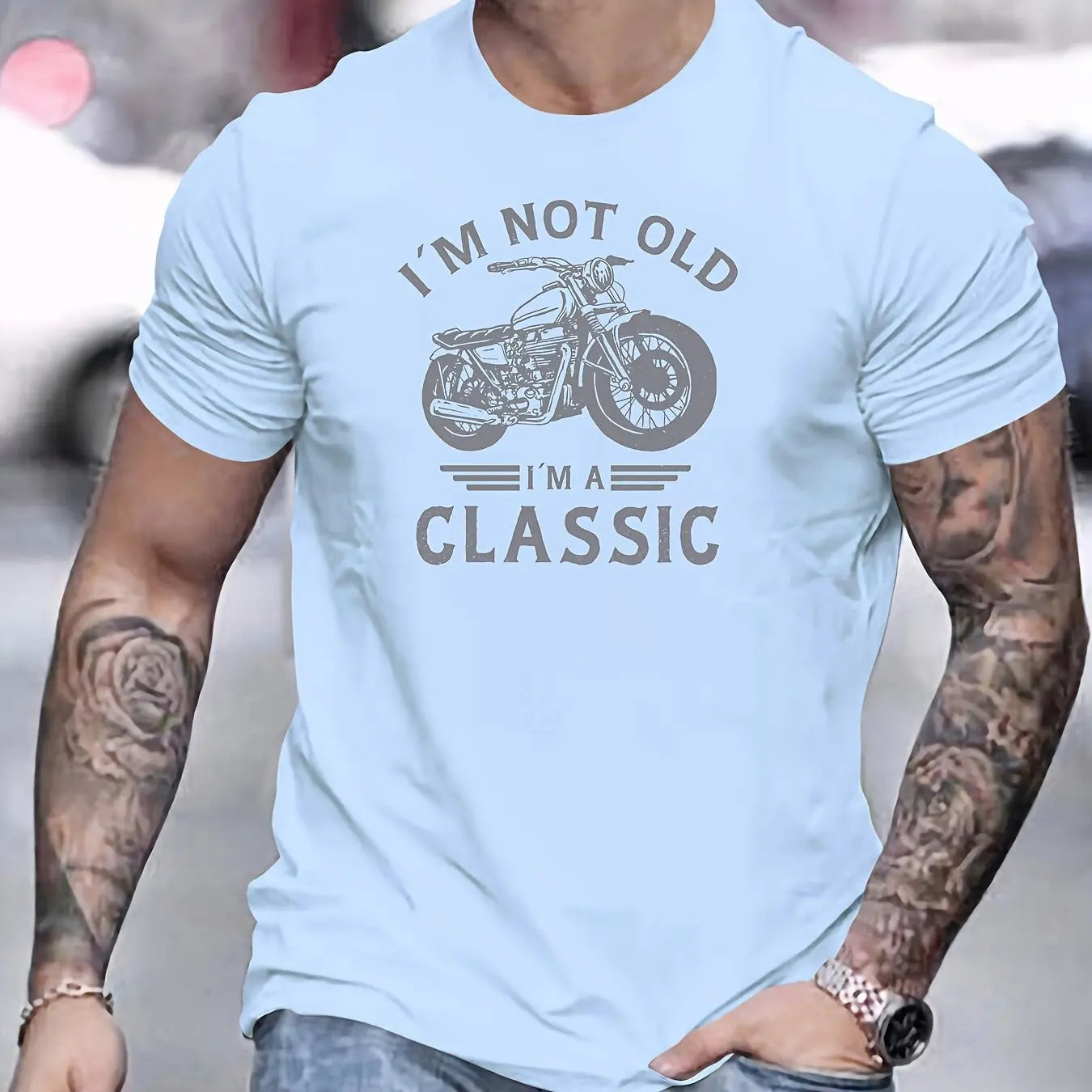 Summer men's 100% pure cotton casual loose oversized classic motorcycle creative printed round neck short sleeved T-shirt top