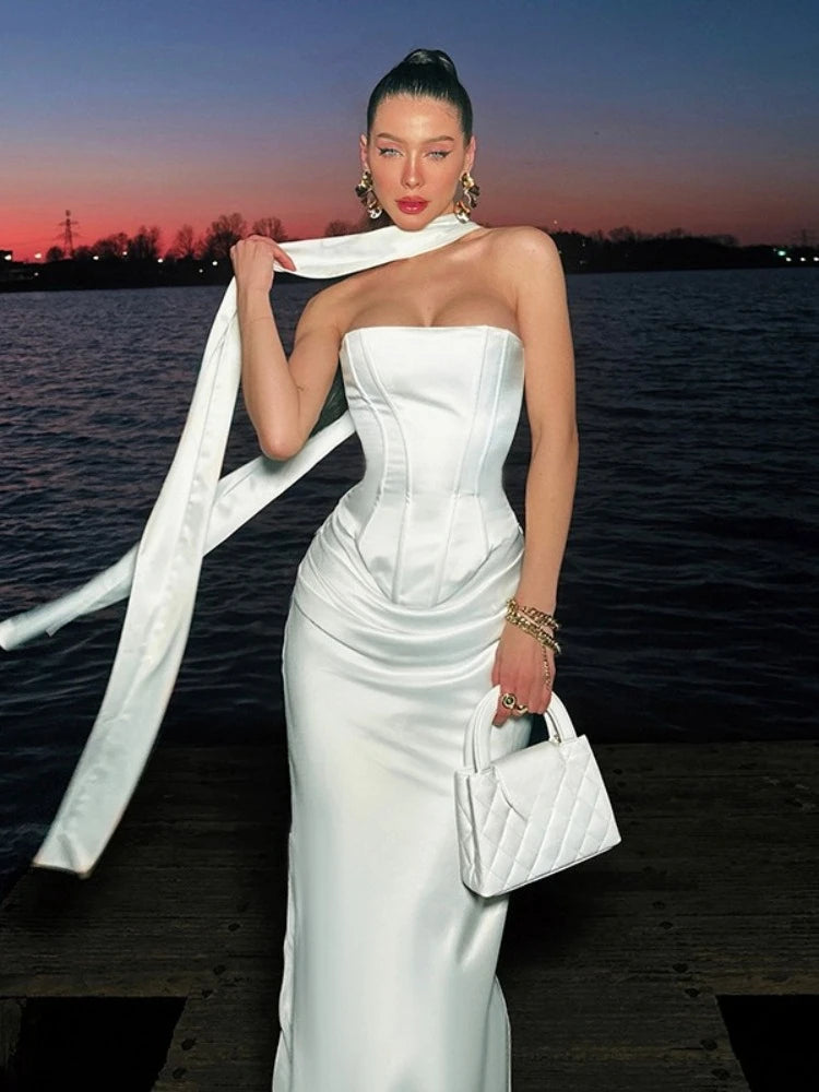 Eleegant Bandage Formal Occasion Dress Two Pieces Set Women Corset Top+Long Skirts Suit White Black Female Wedding Party Gown