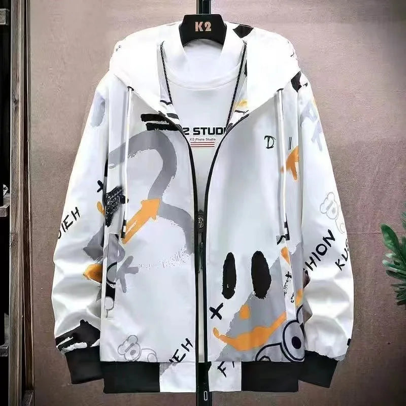 Graffiti Zipper Sweater Men's New Graffiti Hooded Jacket Versatile Loose Casual Trend Top Sunscreen Breathable Cardigan for Men