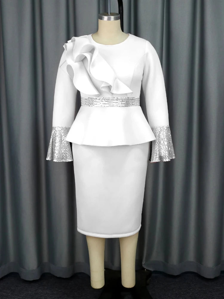Church Dresses for Women Elegant Ruffles Long Flare Sleeves Sequined Party Bodycon Peplum Classy Occasion African Wedding Guest