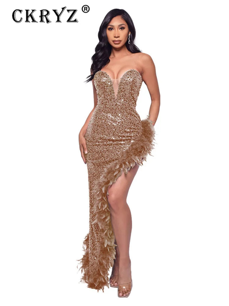 Ladies Summer Elegant Evening Party Dress Women Sleeveless Backless Tube Side Slit Long Dress Woman Clothes Birthday Clubwear