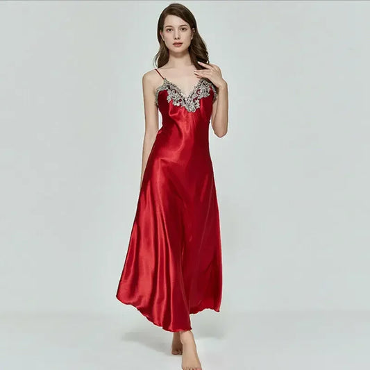 Ladies Night Long Hot Dress Womens Satin Silk Lace Sleeveless Embroidery Sexy Costumes Exotic Pajamas Favorite Life Interest