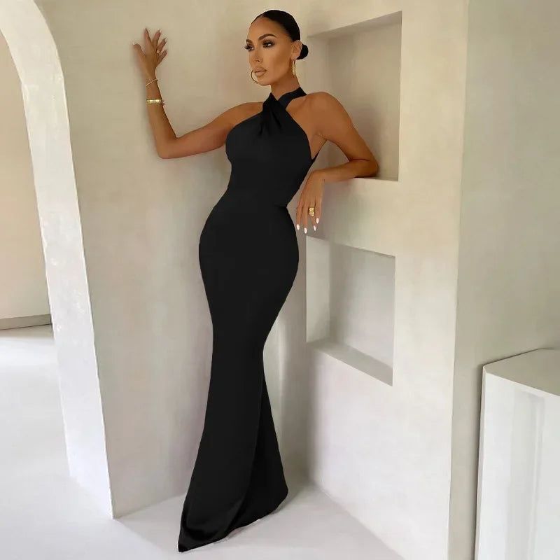 Elegant Formal Vestidos Women Cross Halter Long Fishtail Dress Ladies Backless Ball Gown Cocktail Party Evening Dresses