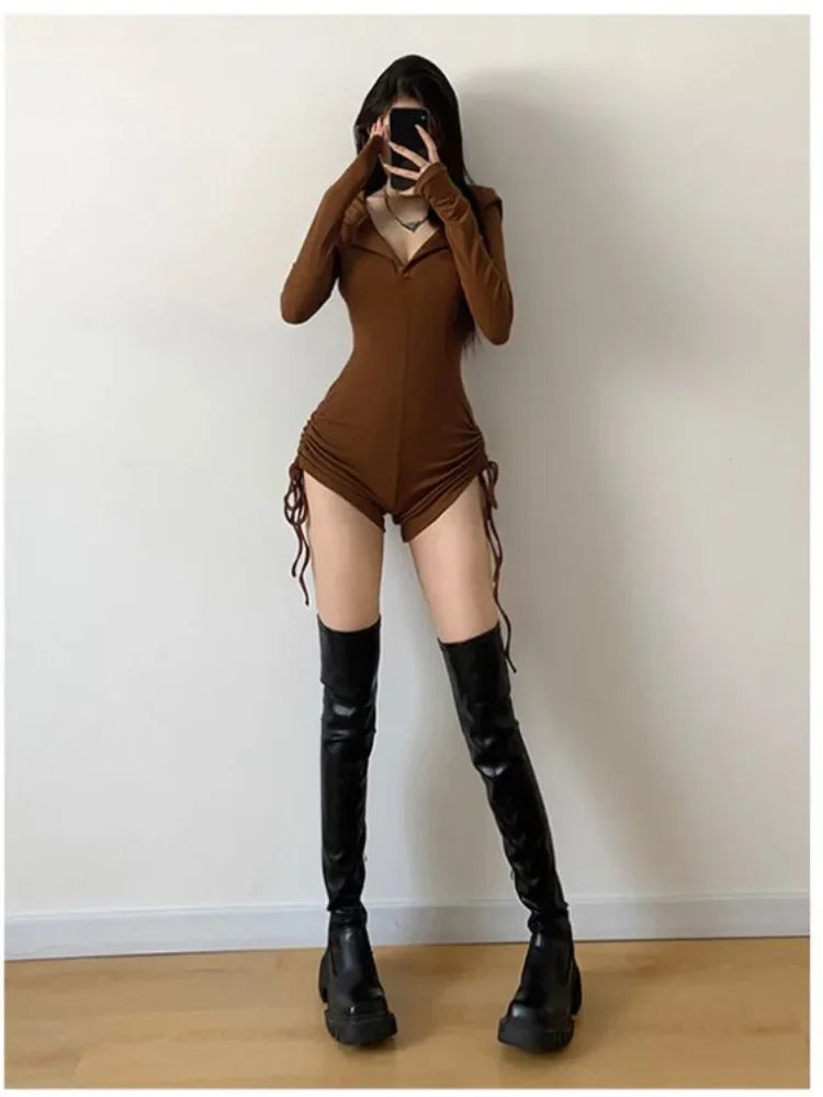 New Women Sexy Wasteland Style Hooded Rompers Spring Summer Solid Color Thin Long Sleeve Drawstring Shorts Spicy Girl Jumpsuit