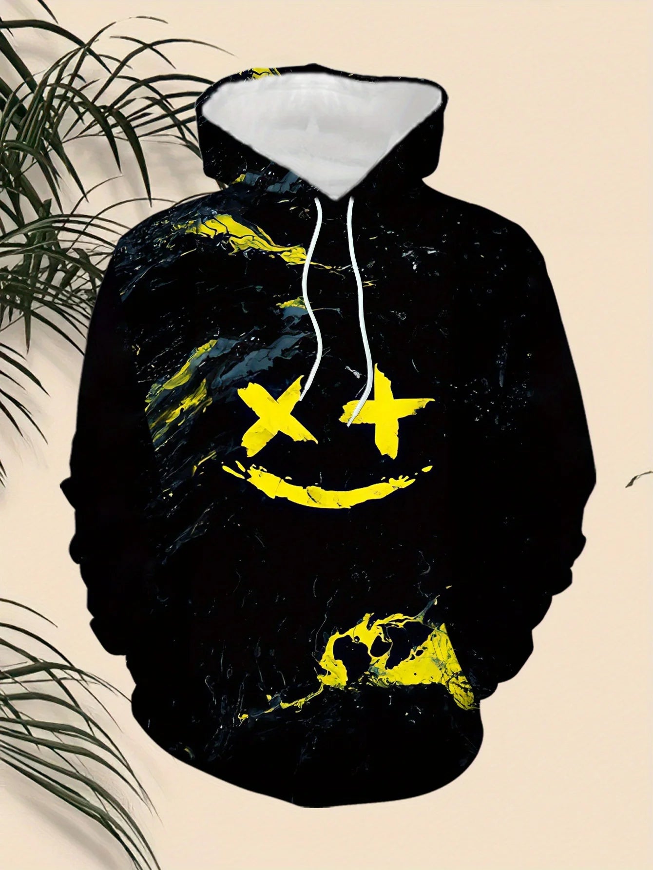 Versatile Trendy Men's Hoodie, Spring Autumn Smiley Graffiti Long Sleeve Sweatshirt with Unique Print and Pocket