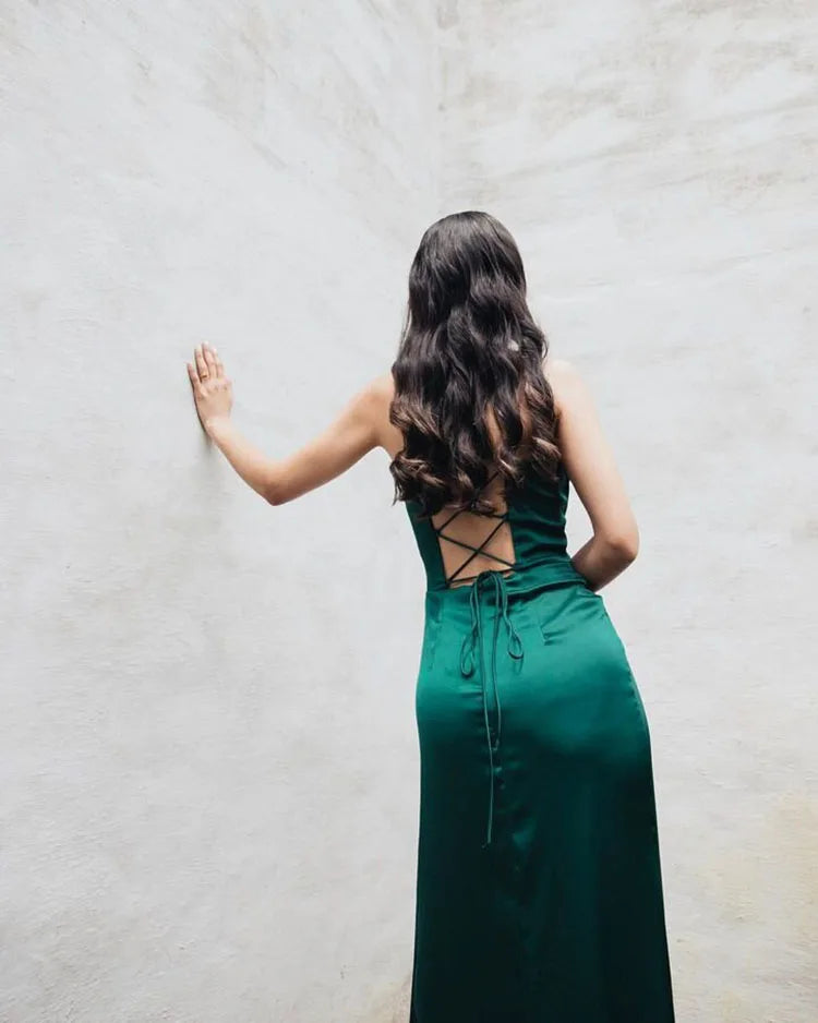 New Summer Prom Dress Women'S Sling Sleeveless Solid Color Dress One Word Neck Slim Fit Open Back Slit Red Sexy Dress