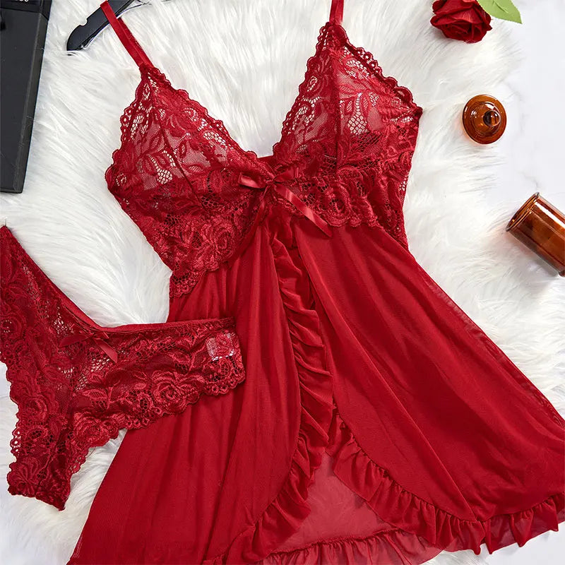 Pink Sweet Nightgown Female Elegant Sleep Dress Hot V-neck Bra Transparent Milk Silk Underwear Women's Pajamas With Panties Set