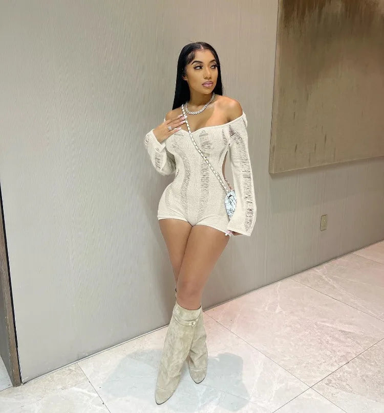 Leosoxs Rip Romper Women See Through Summer One Word Collar Backless Sexy Skinny Fitness Playsuit Activity Party Clubwear