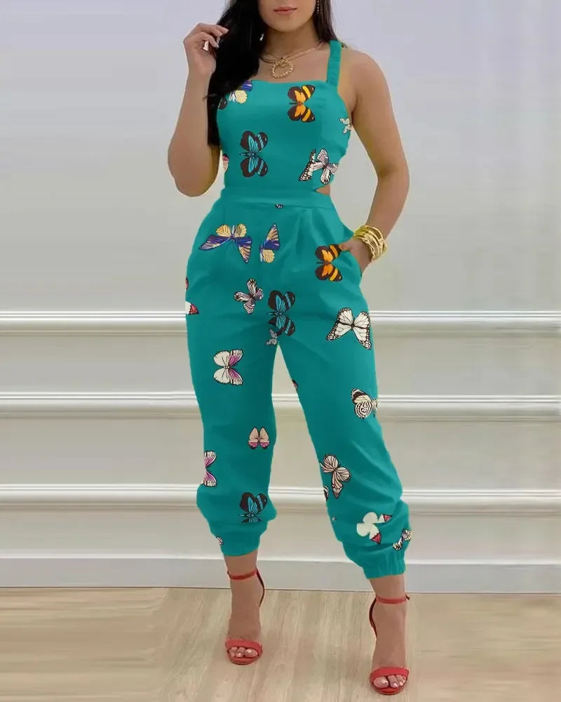 Women Printed Letter Jumpsuits Sleeveless V Neck Suspenders Backless High Waist Trousers Overall Rompers Pockets One Piece