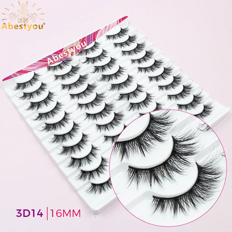 Abestyou 11-18mm 20pairs Natural Fake EyeLashes Book Individual Wispy Thick Faux Mink Cat Eye Lashes Makeup Tools