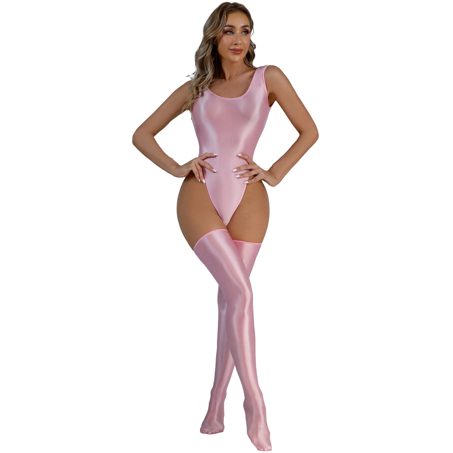 Womens Glossy Bodysuit Swimsuit Solid Color Mock Neck Sleeveless Leotard with Thigh High Stockings Swimwear Nightwear Clubwear