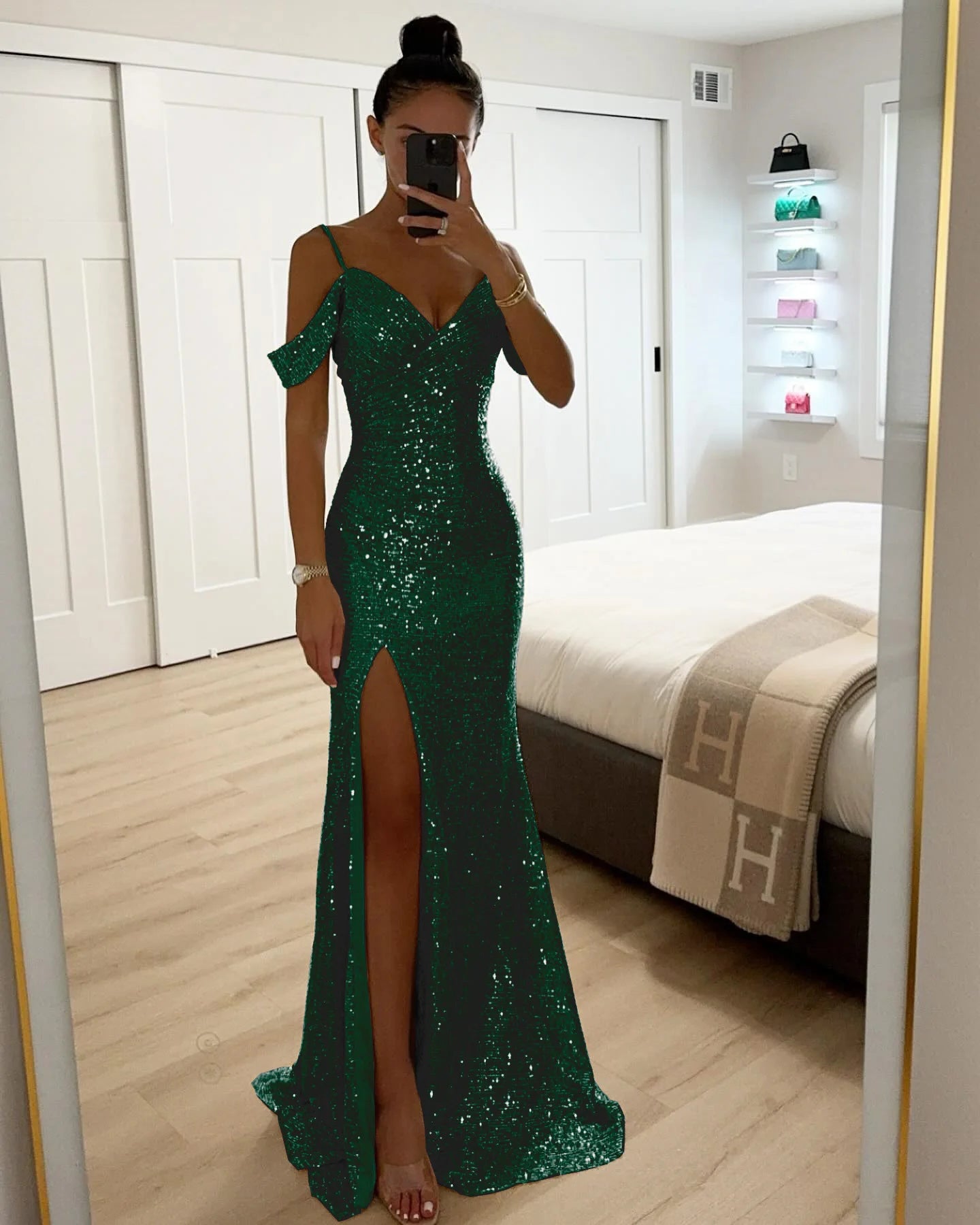 Ladies Fashion V Neck Shiny Sequin Party Dress Elegant Wrap Chest Slim Long Dress 2025 Casual Solid Color Split Evening Dresses