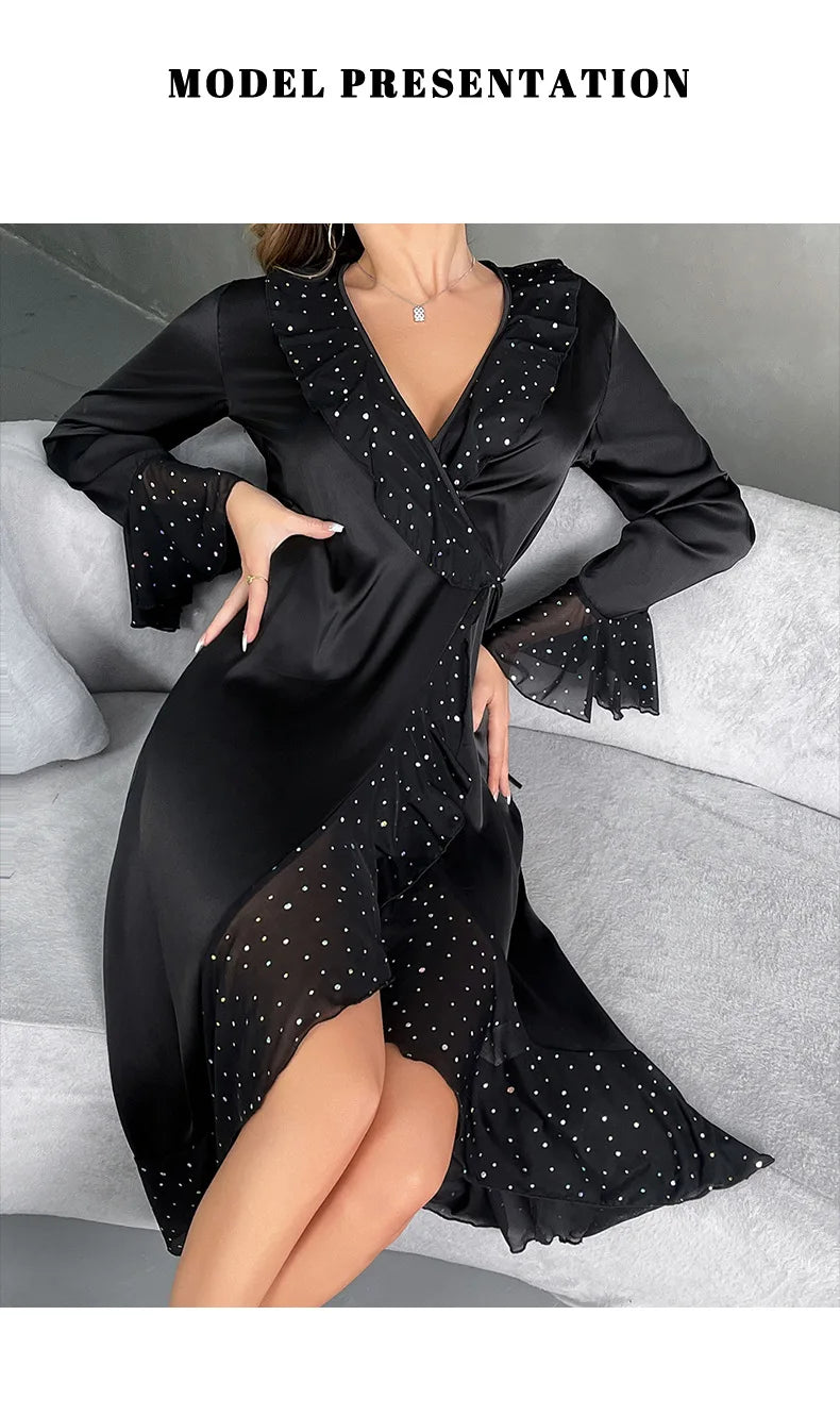 Ladies New Fashion V-neck Long-sleeved Sequined Pajamas Female Satin Nightgown Home Clothes Pijamas Women