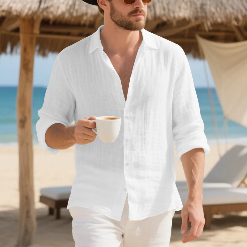 Men's fall outfits for daily wear Men's linen American loose Hawaiian casual long-sleeved button-down lapel shirt