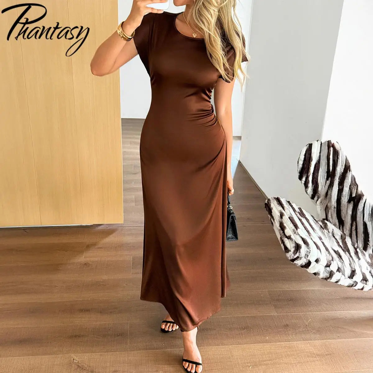 Phantasy Elegant Temperament Dresses Fashion Short Sleeved Solid Color Casual Long Skirt Slim Fit Long Dress Female Clothing ﻿