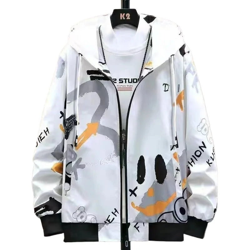 Graffiti Zipper Sweater Men's New Graffiti Hooded Jacket Versatile Loose Casual Trend Top Sunscreen Breathable Cardigan for Men