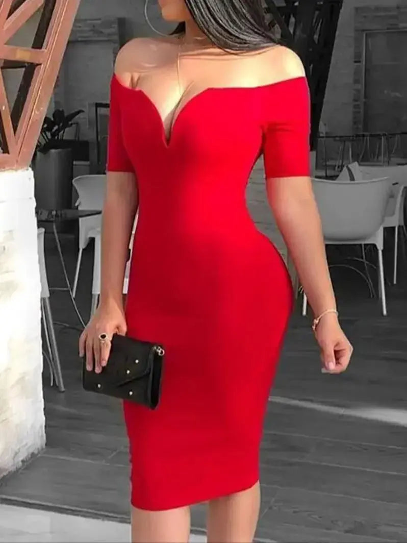 Lady V style off-the-shoulder fitted dress with a tight waist and a full skirt, a fitted evening gown for women.