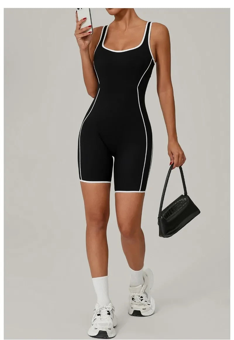 New Women's Seamless Yoga Romper - Fashion Open Back Color Contrast Sculpting Butt-Lifting Bodysuit for Running Gym Workout