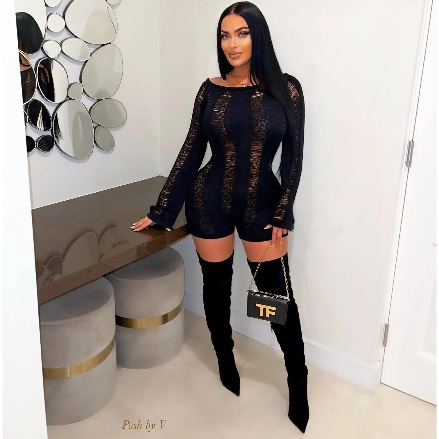 Leosoxs Rip Romper Women See Through Summer One Word Collar Backless Sexy Skinny Fitness Playsuit Activity Party Clubwear