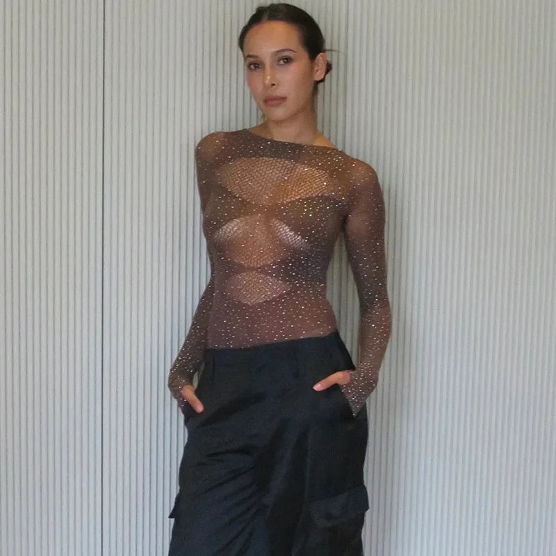 Long sleeve bodysuits sexy Summer outfit body suits women y2k clothes black bodysuit knitted rhinestone body suits seethrough