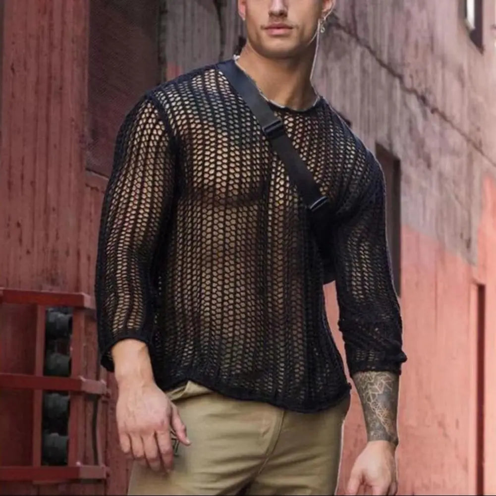 Wear Men Mesh T-shirts Bottoming Shirt Knitted Mesh Top Clothing Autumn Men Knitted Mesh Top Long Sleeve Tees Club Streetwear