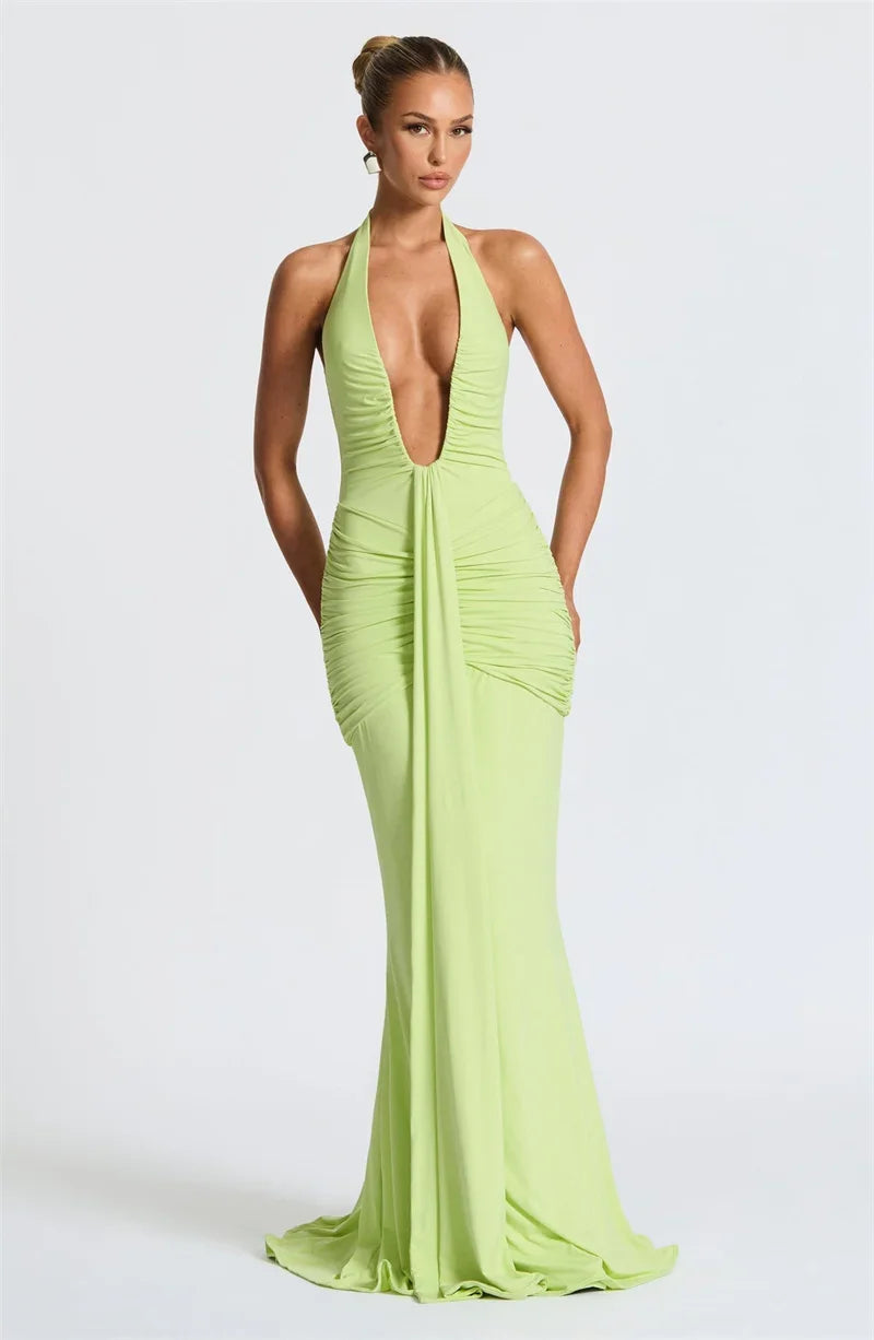 Suninbox Deep V Neck Backless Ruched Sexy Maxi Dress Women Gown Summer Halter Sleeveless Draped Club Party Long Dress 2025