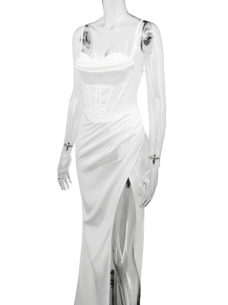 New Summer Prom Dress Women'S Sling Sleeveless Solid Color Dress One Word Neck Slim Fit Open Back Slit Red Sexy Dress