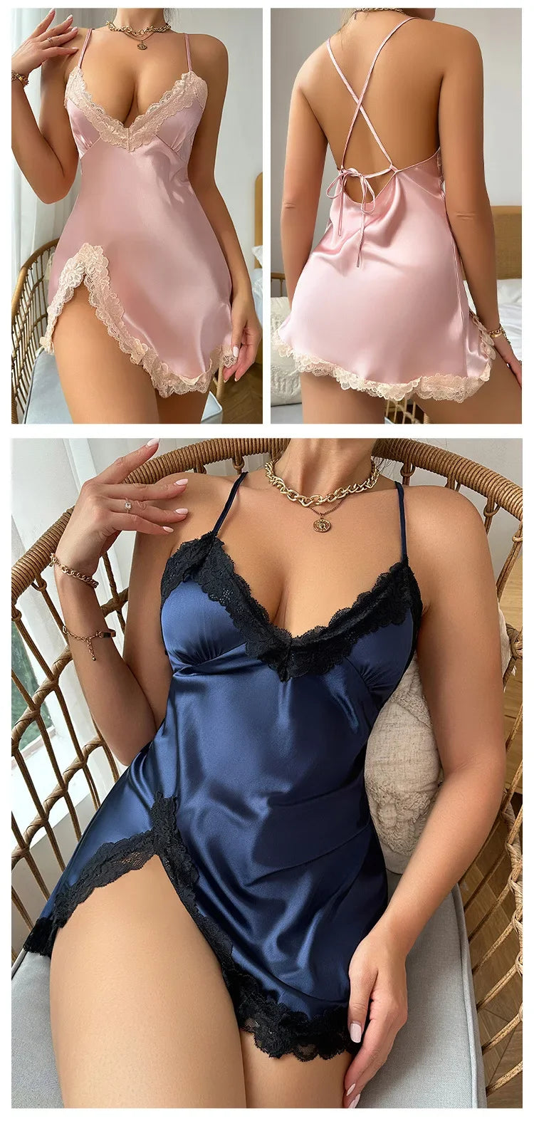 Women's Clothes Sexy Backless Halter Nightgown Lace Nightwear Temptation Fashion V-Neck Satin Ladies Solid Sleepwear Homewear