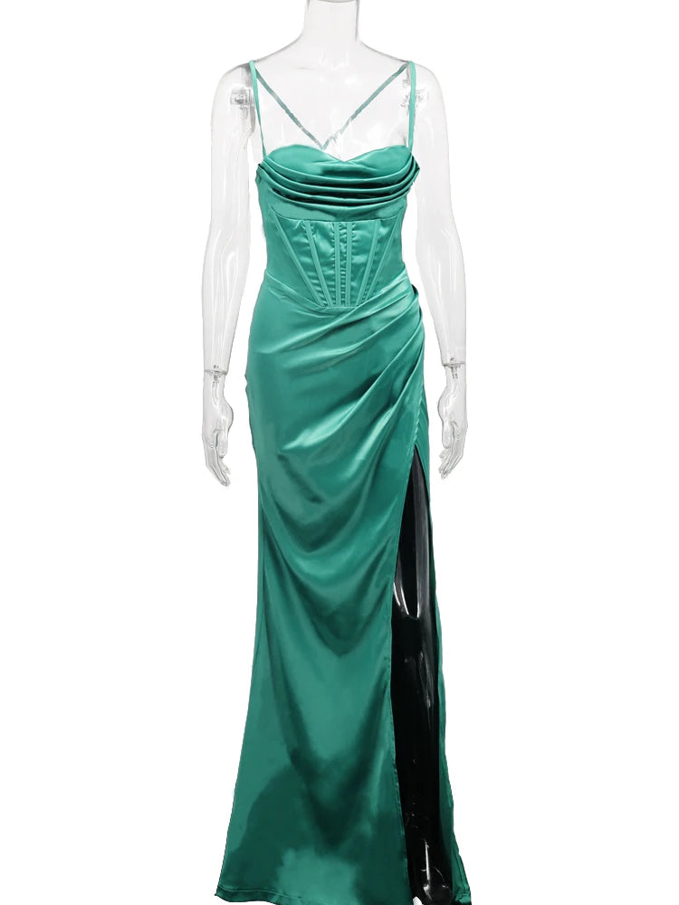 New Summer Prom Dress Women'S Sling Sleeveless Solid Color Dress One Word Neck Slim Fit Open Back Slit Red Sexy Dress