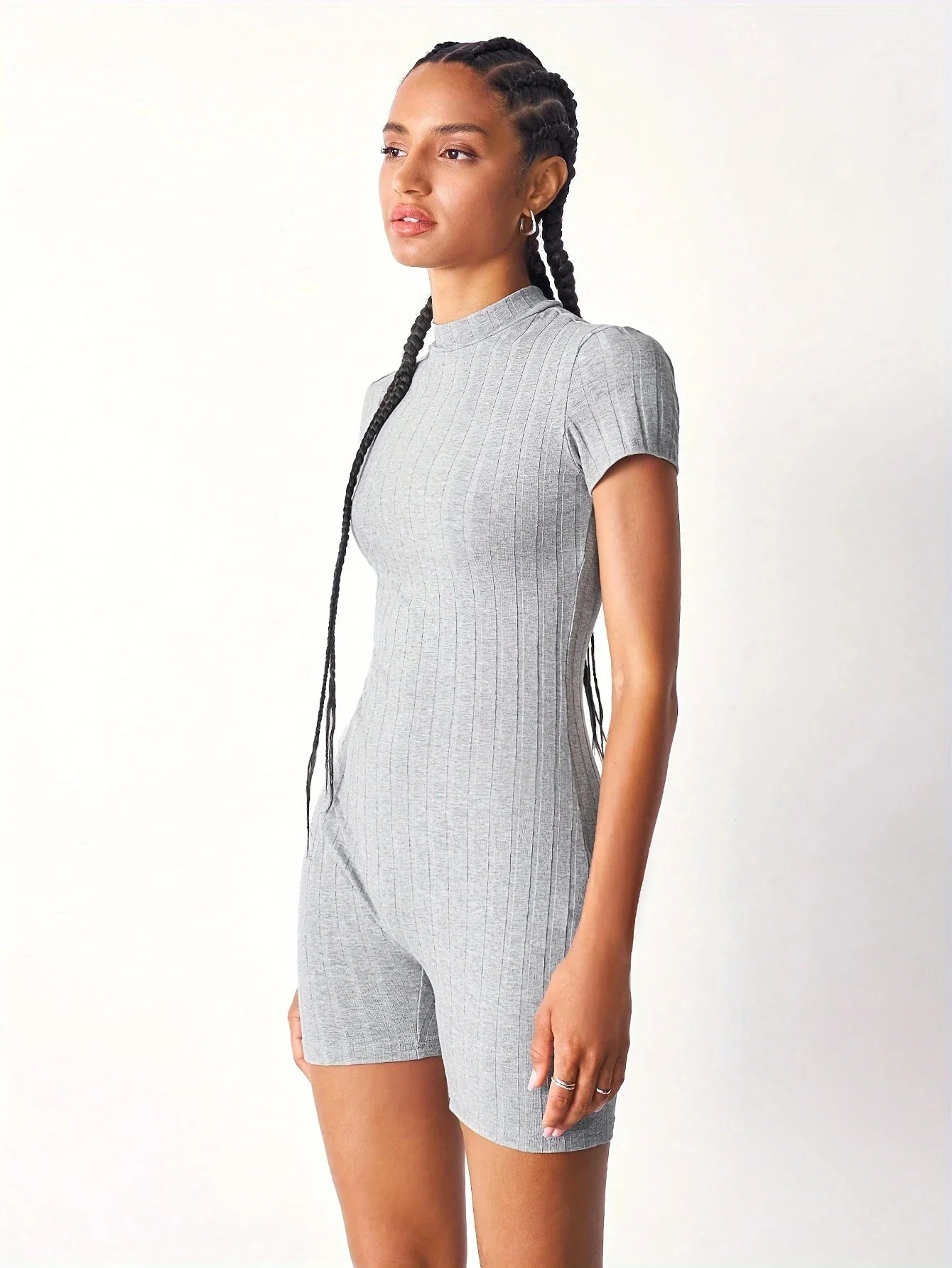 Womens Rib-Knit Mock Neck Bodycon Romper Jumpsuit - Casual Short Sleeve, High Neck, Solid Color- Perfect for Daily wear