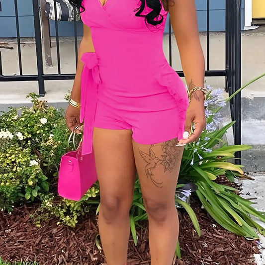 Ruffle Deep V Neck Summer Romper Sexy Bow Tie Short Jumpsuit Women Sleeveless Casual Playsuit Overalls Rompers