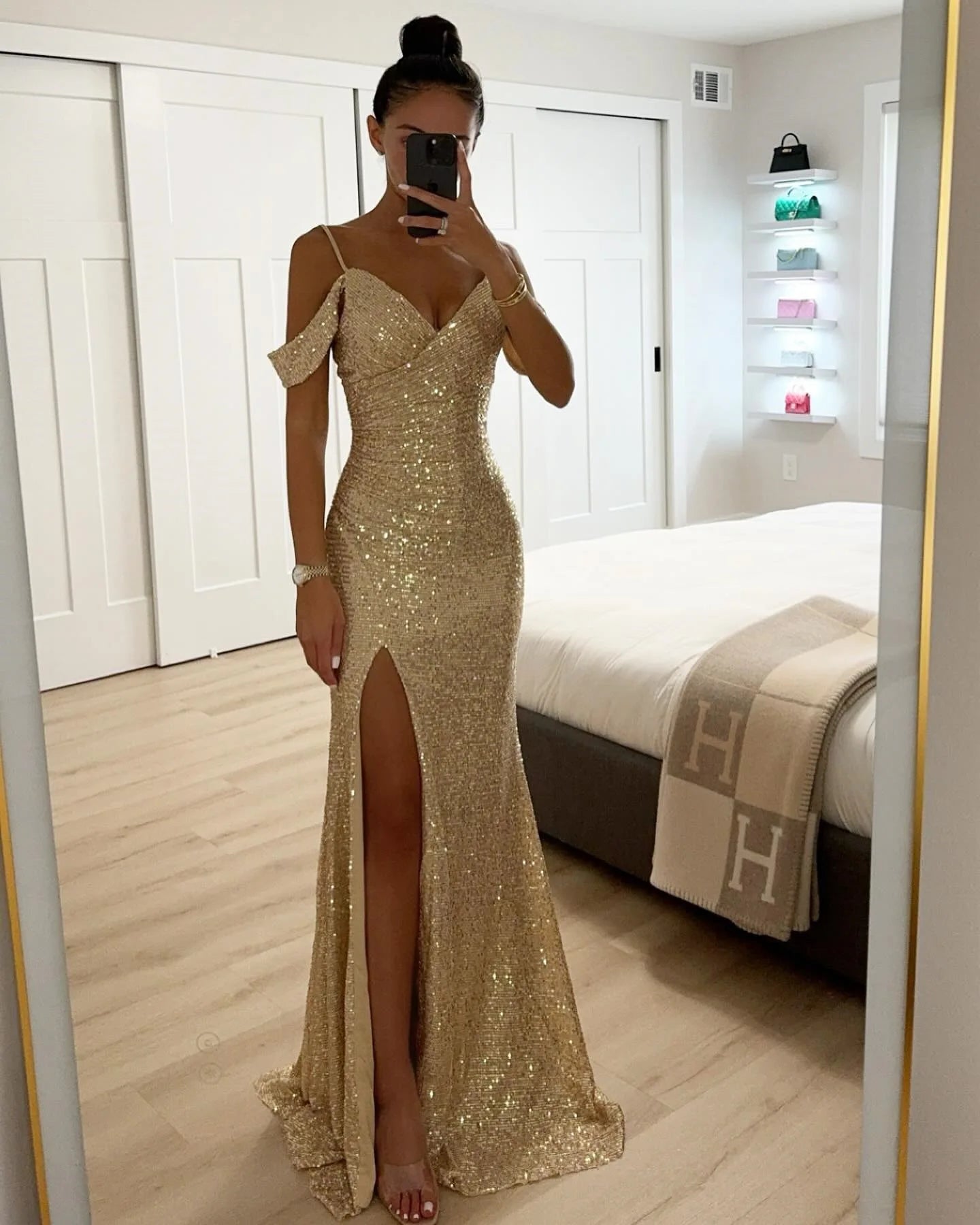 Ladies Fashion V Neck Shiny Sequin Party Dress Elegant Wrap Chest Slim Long Dress 2025 Casual Solid Color Split Evening Dresses