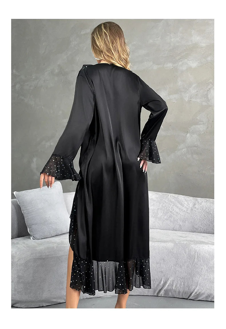 Ladies New Fashion V-neck Long-sleeved Sequined Pajamas Female Satin Nightgown Home Clothes Pijamas Women