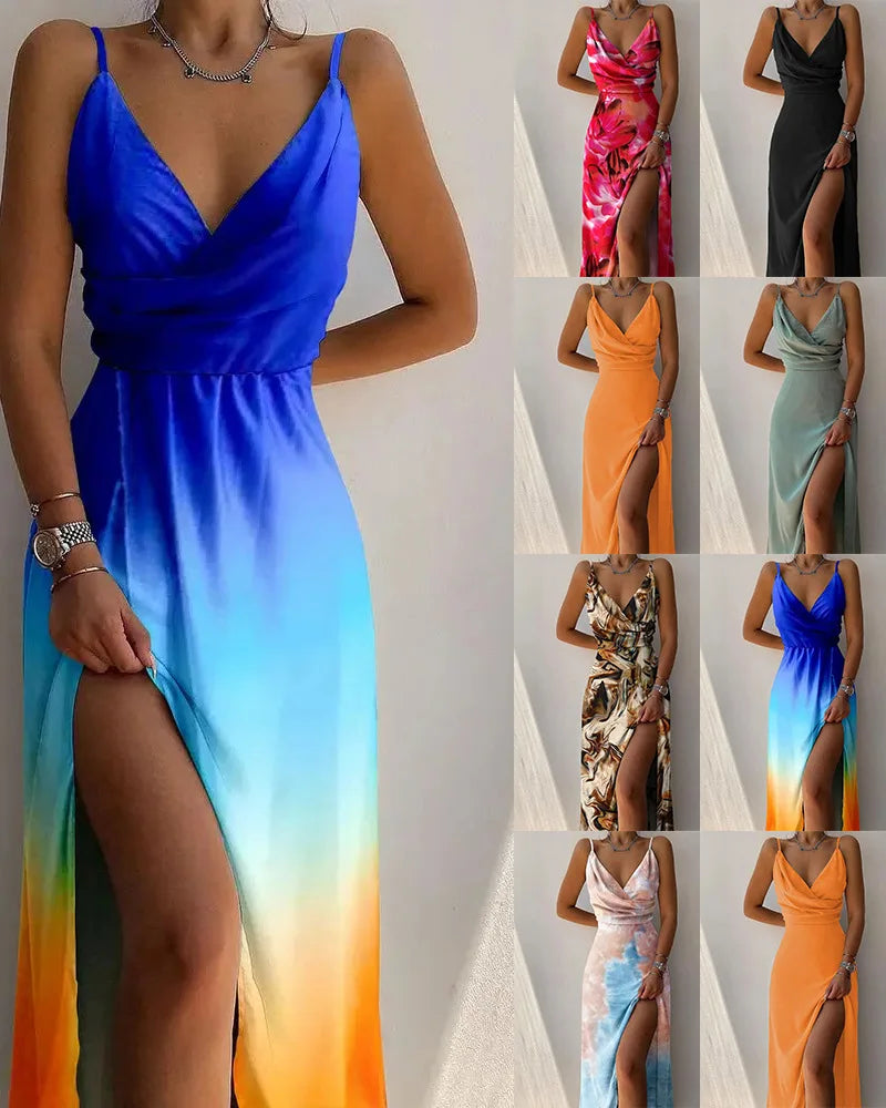 Elegant Women Sexy Dresses Summer Fashion Print Gradient Solid Out Off Shoulder V-Neck Female Camisole Dress Bandage Dress