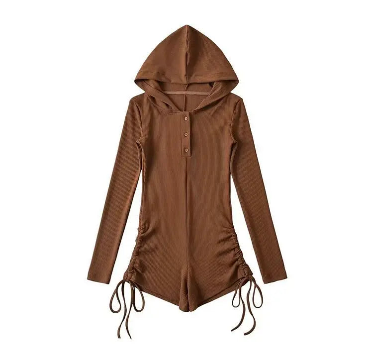 New Women Sexy Wasteland Style Hooded Rompers Spring Summer Solid Color Thin Long Sleeve Drawstring Shorts Spicy Girl Jumpsuit