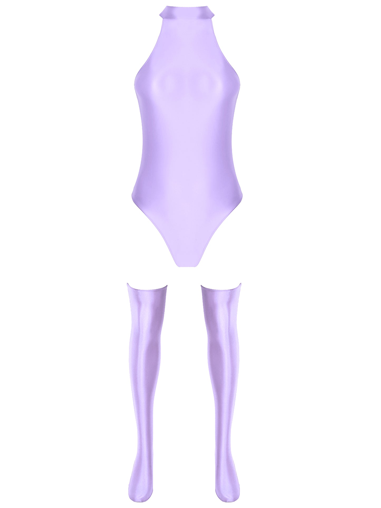 Womens Glossy Bodysuit Swimsuit Solid Color Mock Neck Sleeveless Leotard with Thigh High Stockings Swimwear Nightwear Clubwear