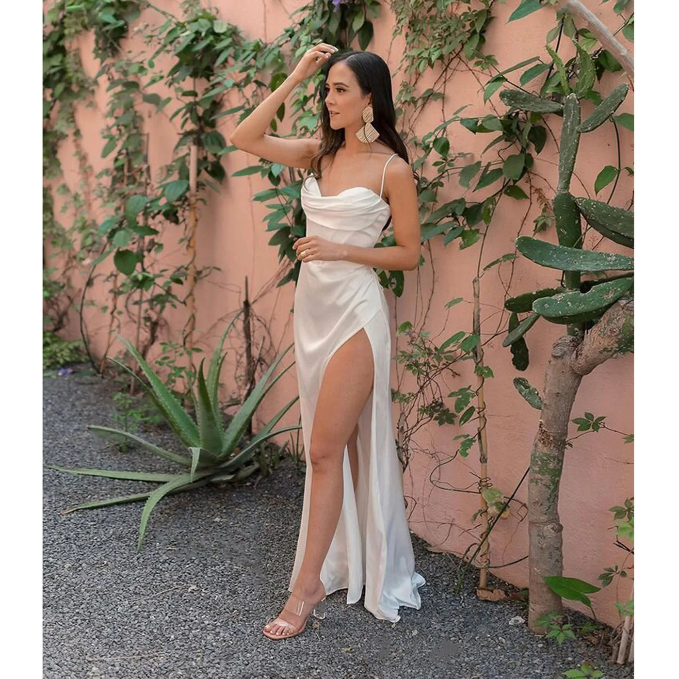 New Summer Prom Dress Women'S Sling Sleeveless Solid Color Dress One Word Neck Slim Fit Open Back Slit Red Sexy Dress