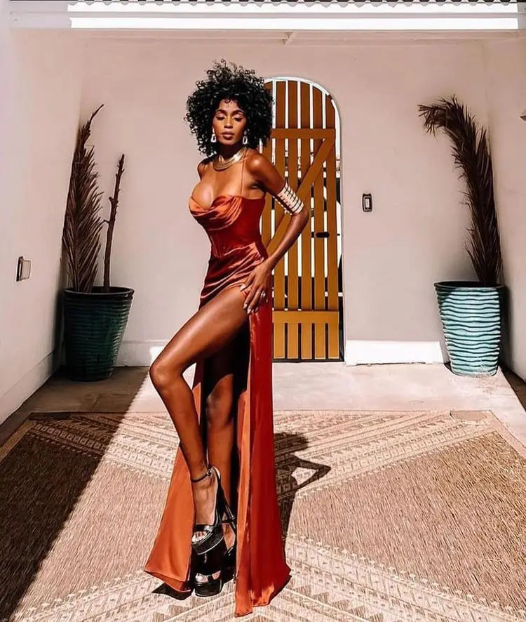 New Summer Prom Dress Women'S Sling Sleeveless Solid Color Dress One Word Neck Slim Fit Open Back Slit Red Sexy Dress