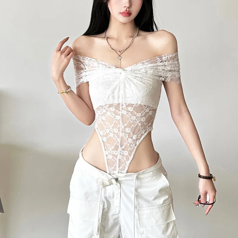 Solid Bodysuit Off Shoulder Lingerie Sexy Body Feminino See Through Lace One-pieces Bustier Black Tops Women Festival Outfits