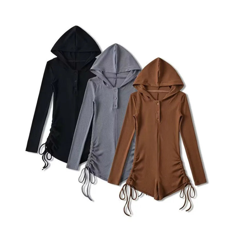 New Women Sexy Wasteland Style Hooded Rompers Spring Summer Solid Color Thin Long Sleeve Drawstring Shorts Spicy Girl Jumpsuit