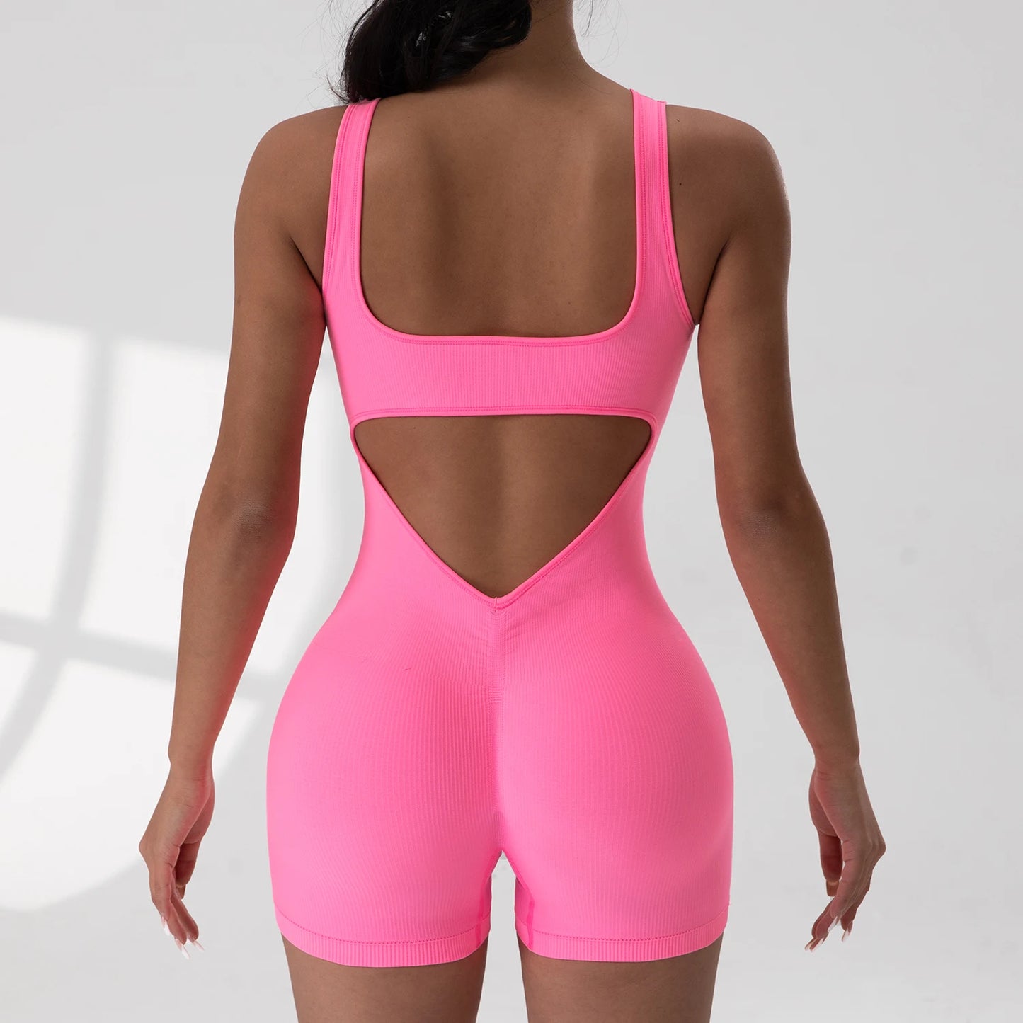 Sexy Backless Women Rompers U Neck Sleeveless Threaded Jumpsuit Solid Color Elastic Bodysuit Without Bust Pads Streetwear
