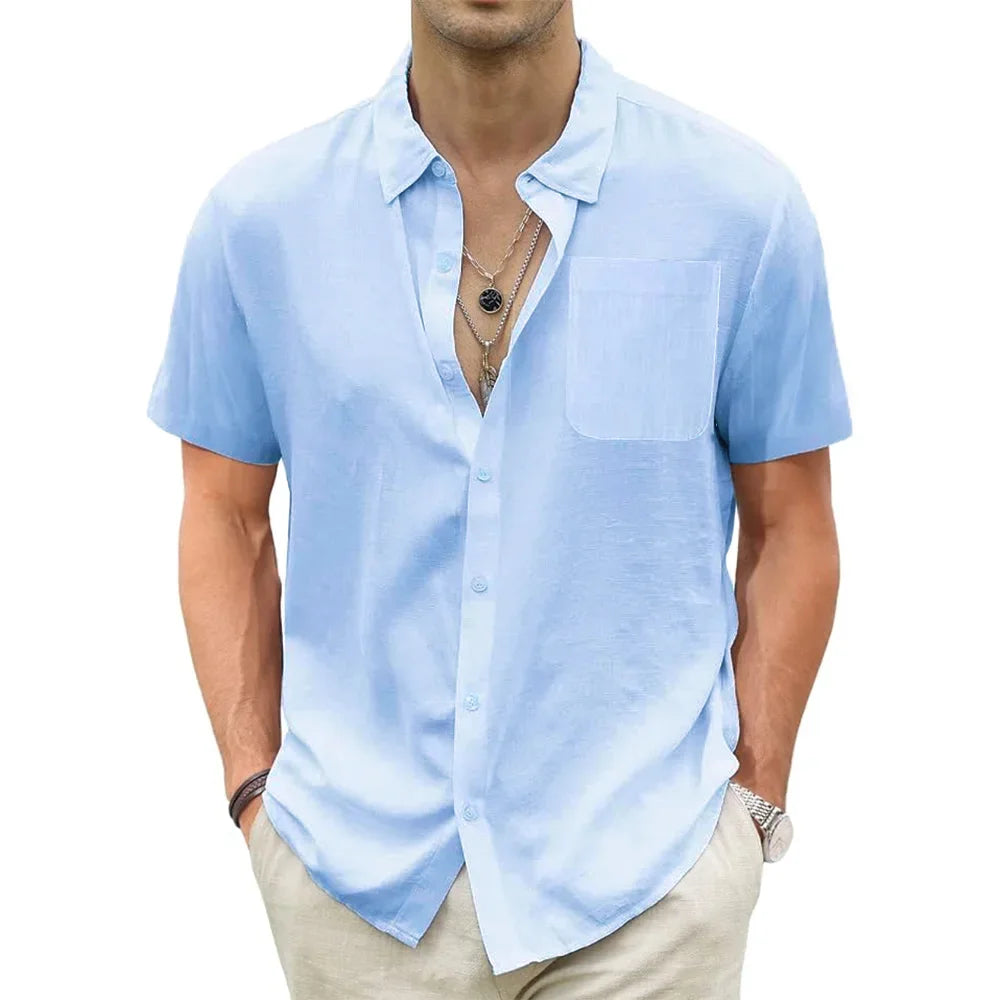 Men's Lightweight Hawaiian Shirts Cotton Linen Breathable Short Sleeve Shirts Vacation Beach Casual Summer Men Tops with Pocket