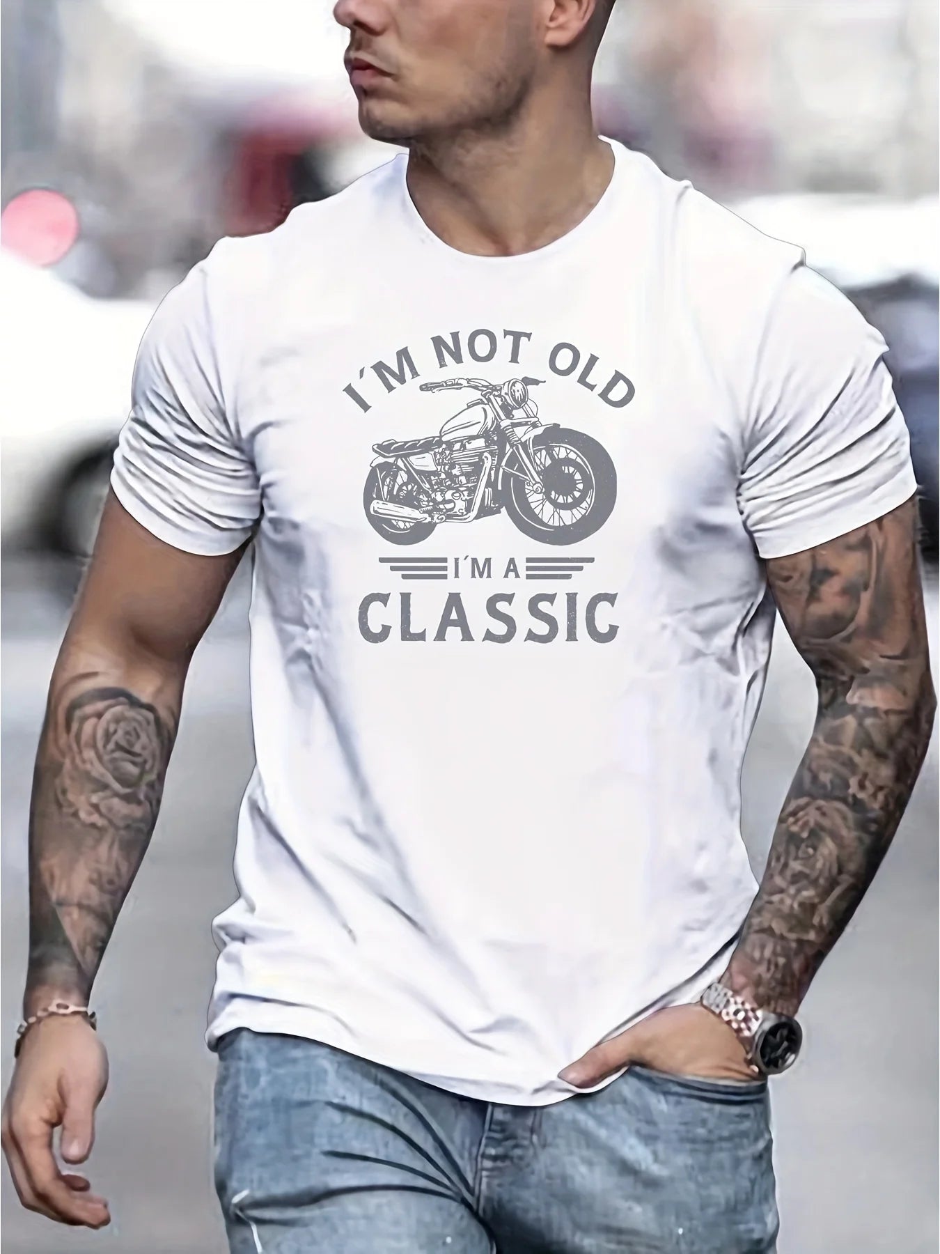Summer men's 100% pure cotton casual loose oversized classic motorcycle creative printed round neck short sleeved T-shirt top