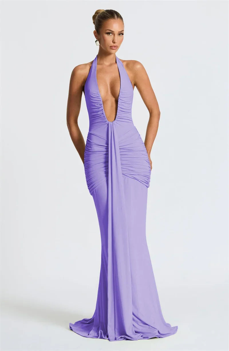 Suninbox Deep V Neck Backless Ruched Sexy Maxi Dress Women Gown Summer Halter Sleeveless Draped Club Party Long Dress 2025